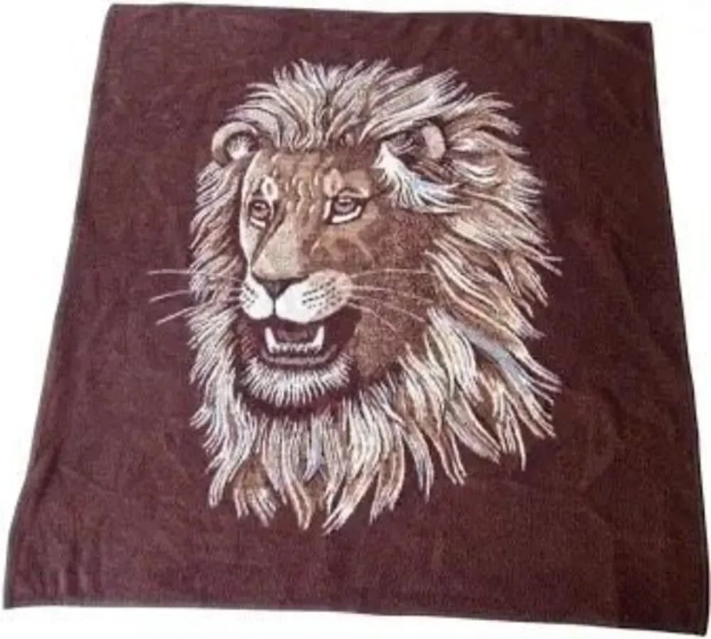 Vintage 80s Roaring Lion Brown Plush Blanket 53 x 73 Safari Weavers made in the